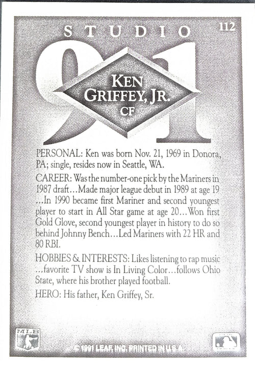 1991 Studio Ken Griffey, Jr. #112 Seattle Mariners back
