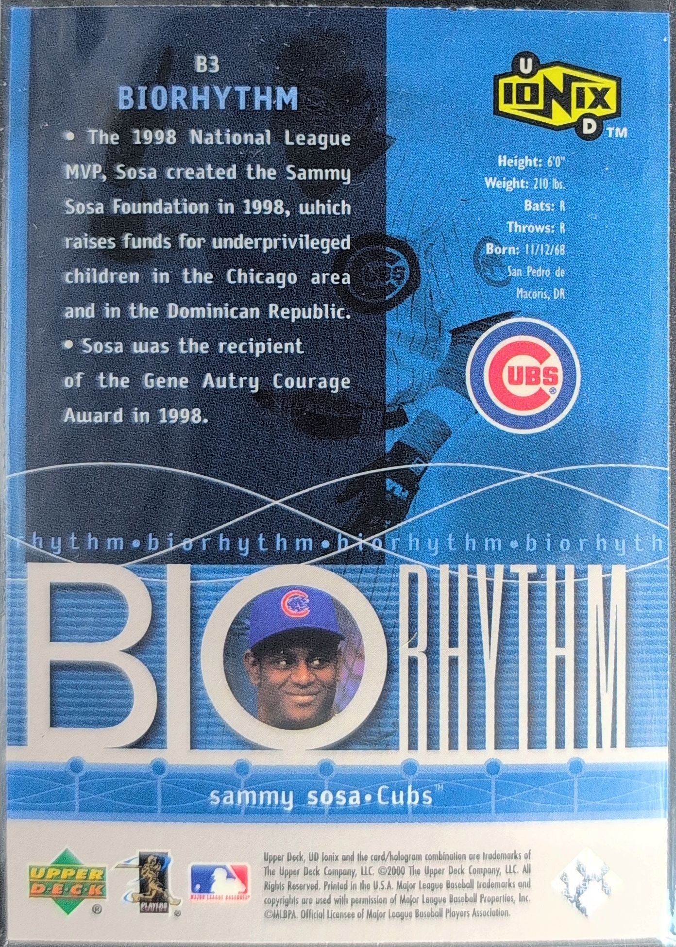 2000 UD Ionix Sammy Sosa #B3 BIOrhythm Chicago Cubs back