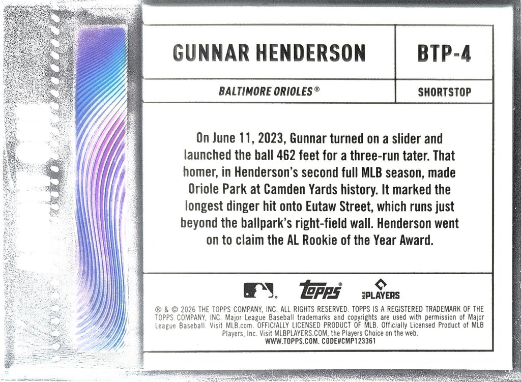 2026 Topps Gunnar Henderson #BTP-4 Big Ticket Players Baltimore Orioles back