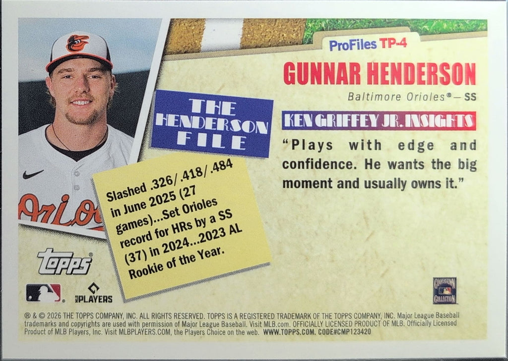 2026 Topps Gunnar Henderson #TP-4 Topps Profiles Baltimore Orioles back