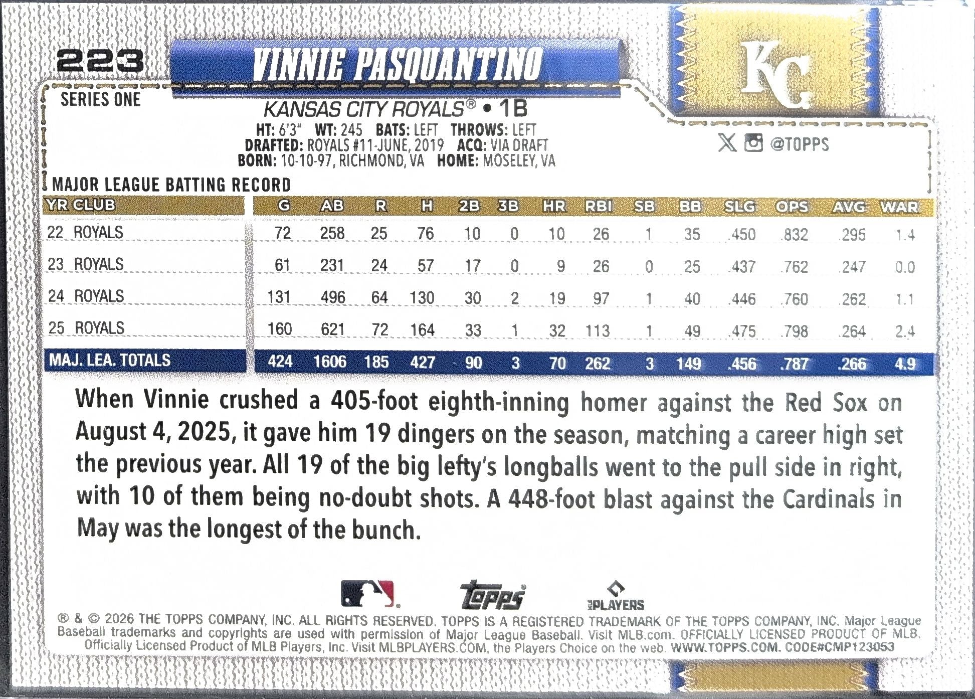 2026 Topps Vinnie Pasquantino #223 Topps Foil Pattern Kansas City Royals back