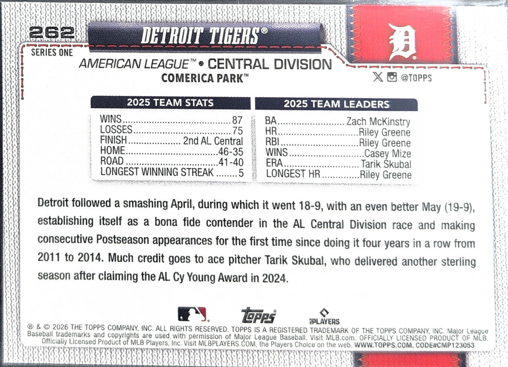 2026 Topps Detroit Tigers #262 Topps Foil Pattern back