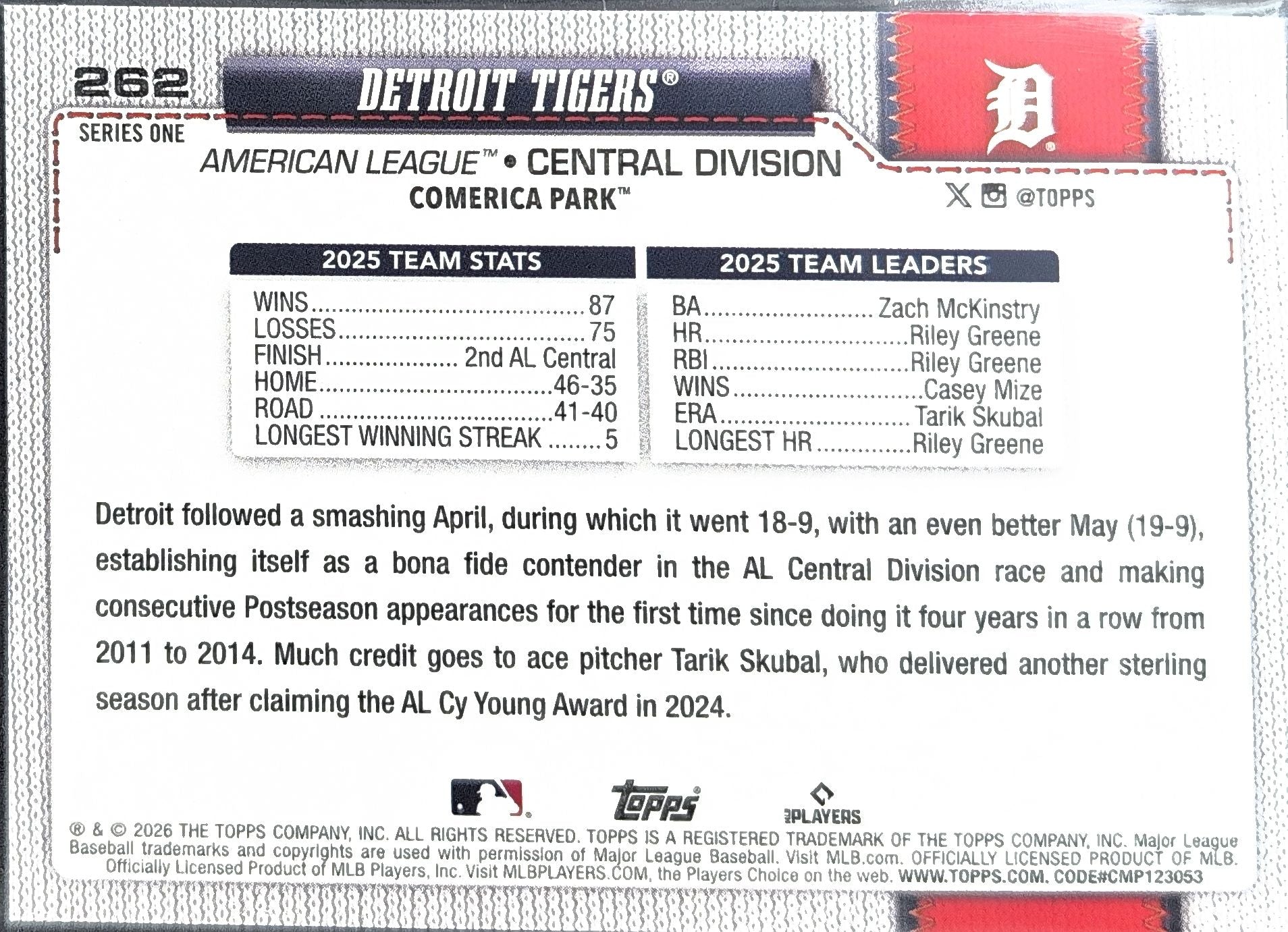 2026 Topps Detroit Tigers #262 Topps Foil Pattern back