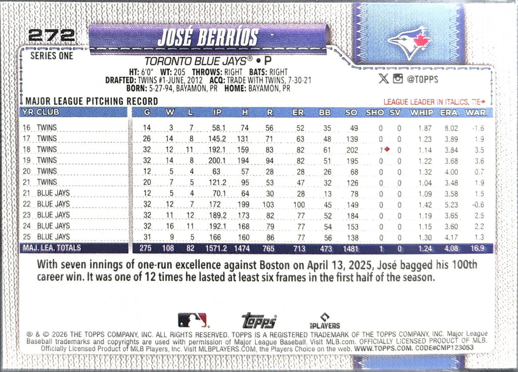 2026 Topps José Berríos #272 Topps Foil Pattern Toronto Blue Jays back