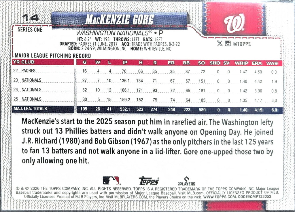 2026 Topps MacKenzie Gore #14 Topps Foil Pattern Washington Nationals back