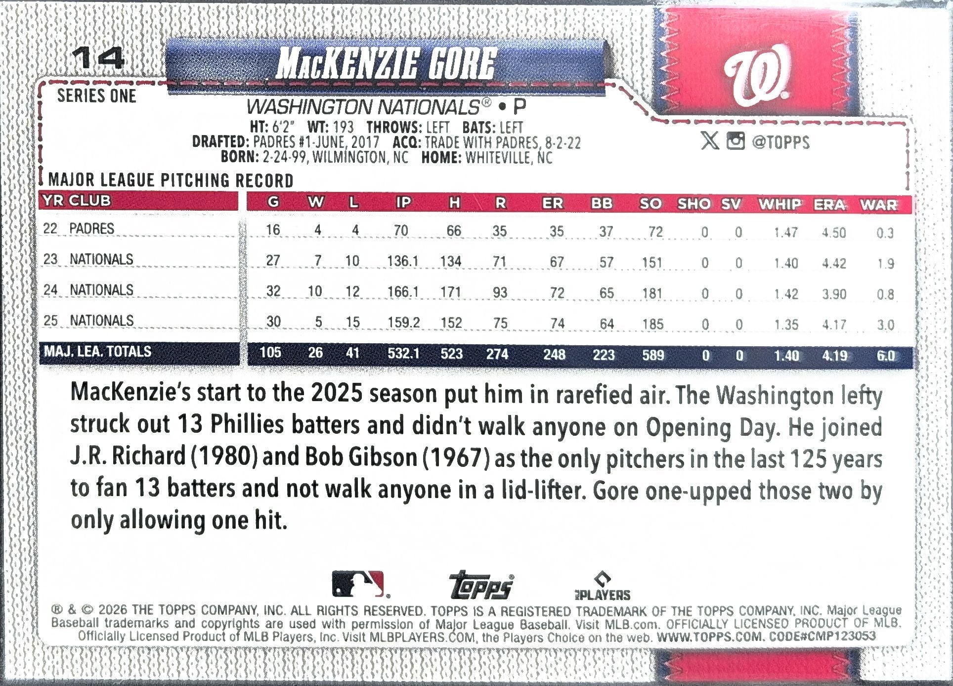 2026 Topps MacKenzie Gore #14 Topps Foil Pattern Washington Nationals back