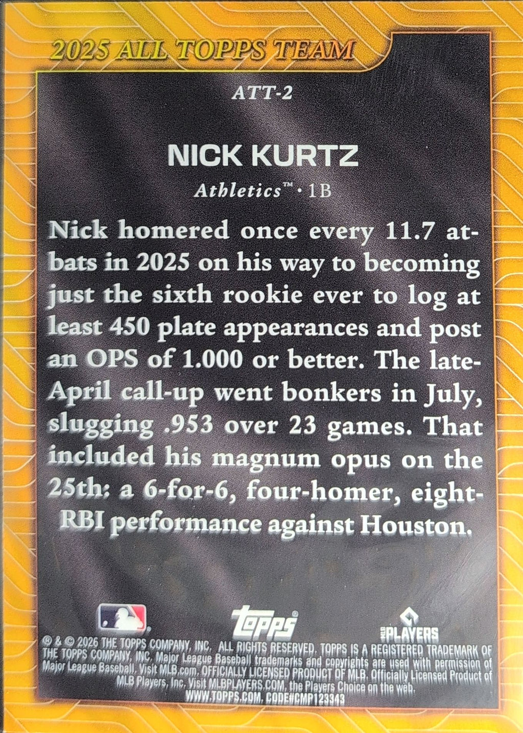 2026 Topps Nick Kurtz #ATT-2 2025 All Topps Team Athletics back
