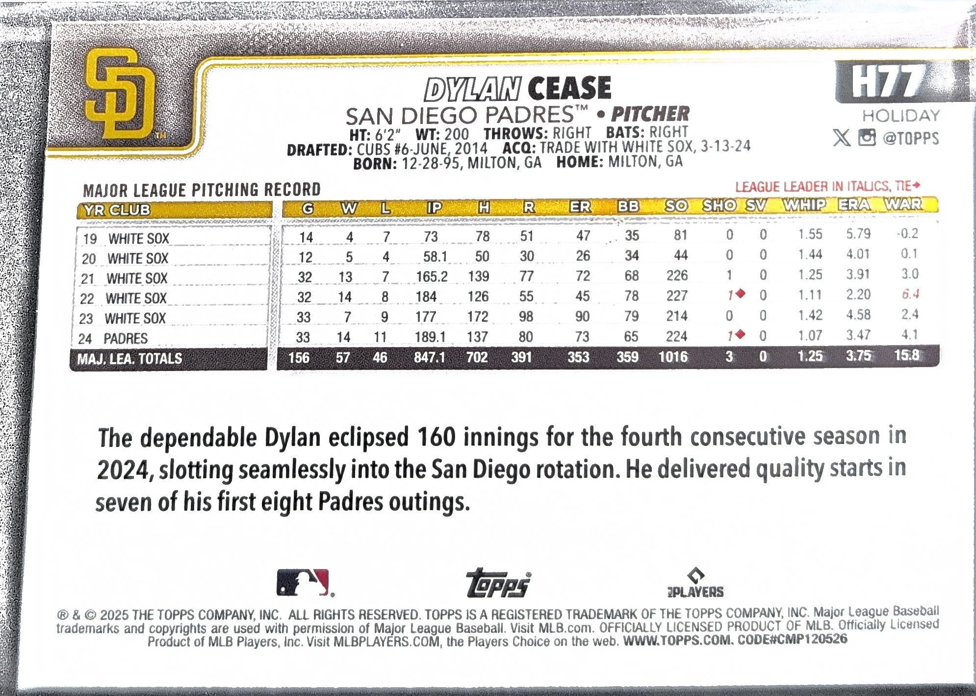 Dylan Cease 2025 Topps Holiday #H77 Light Blue & White Glitter Holiday SD Padres