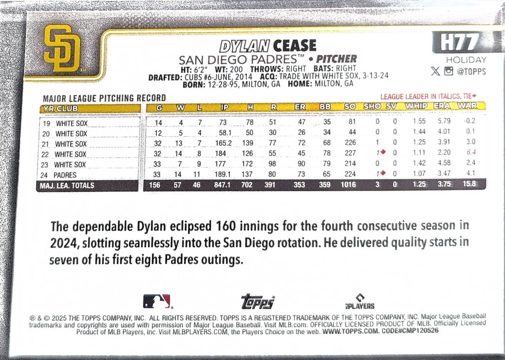 2025 Topps Holiday Dylan Cease #H77 Light Blue & White Glitter Holiday San Diego Padres back