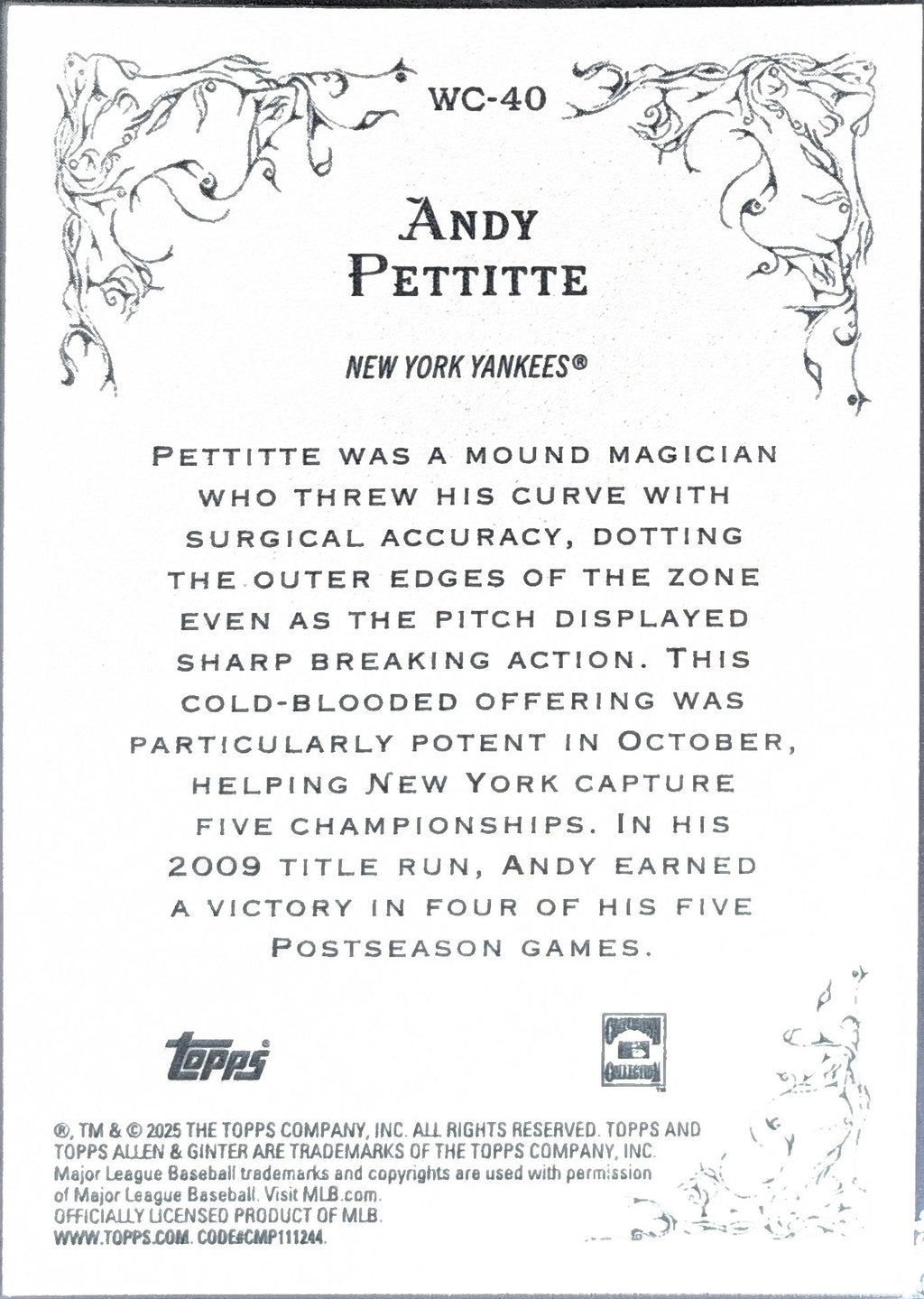 2025 Topps Allen & Ginter Andy Pettitte #WC-40 Wicked Curves New York Yankees back