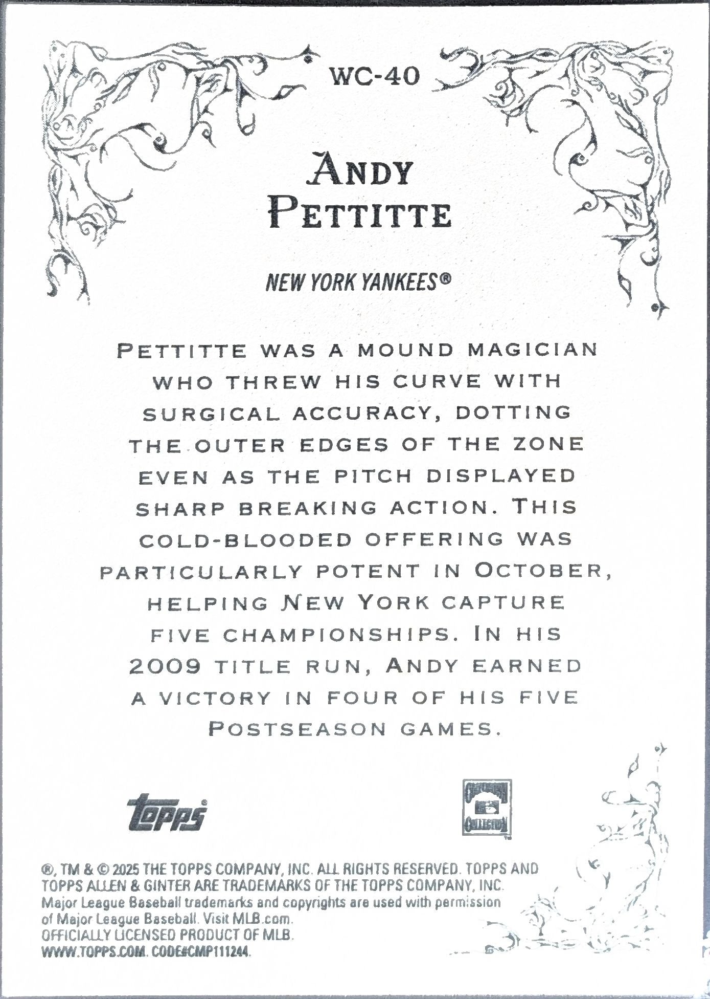 2025 Topps Allen & Ginter Andy Pettitte #WC-40 Wicked Curves New York Yankees back