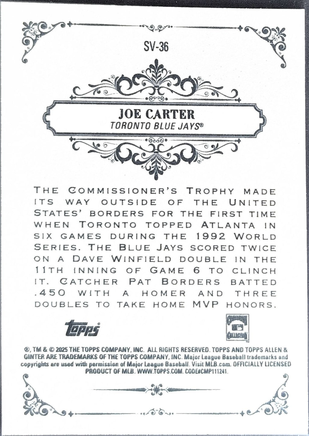 Joe Carter 2025 Topps Allen & Ginter #SV-36 Sweet Victory Toronto Blue Jays - back image