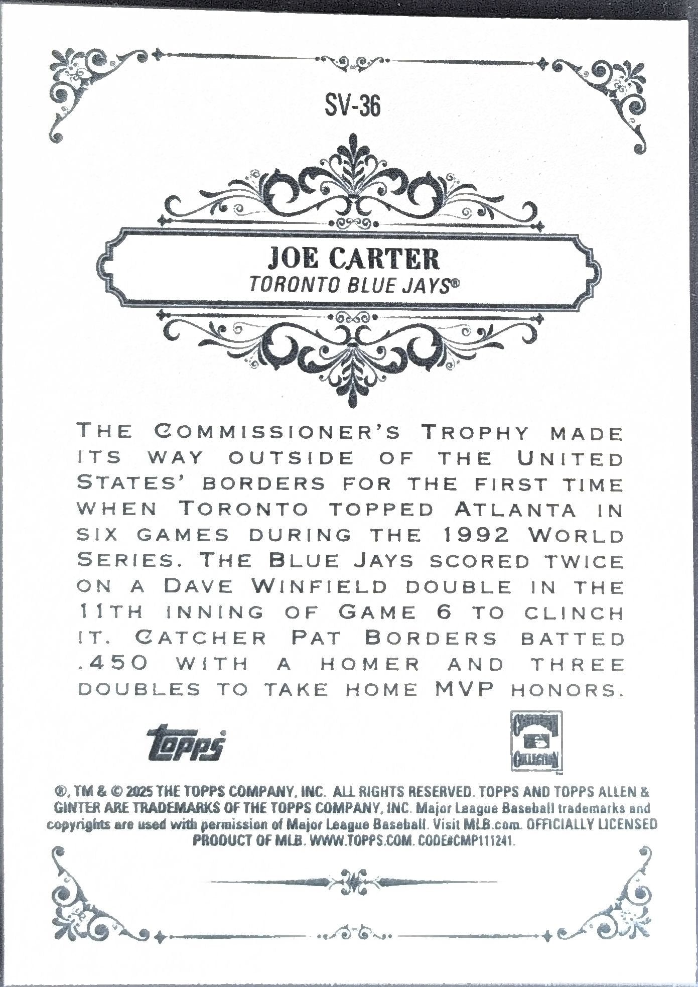 Joe Carter 2025 Topps Allen & Ginter #SV-36 Sweet Victory Toronto Blue Jays - back image