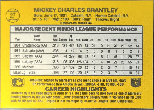 1987 Donruss The Rookies Mickey Brantley #27 Seattle Mariners back