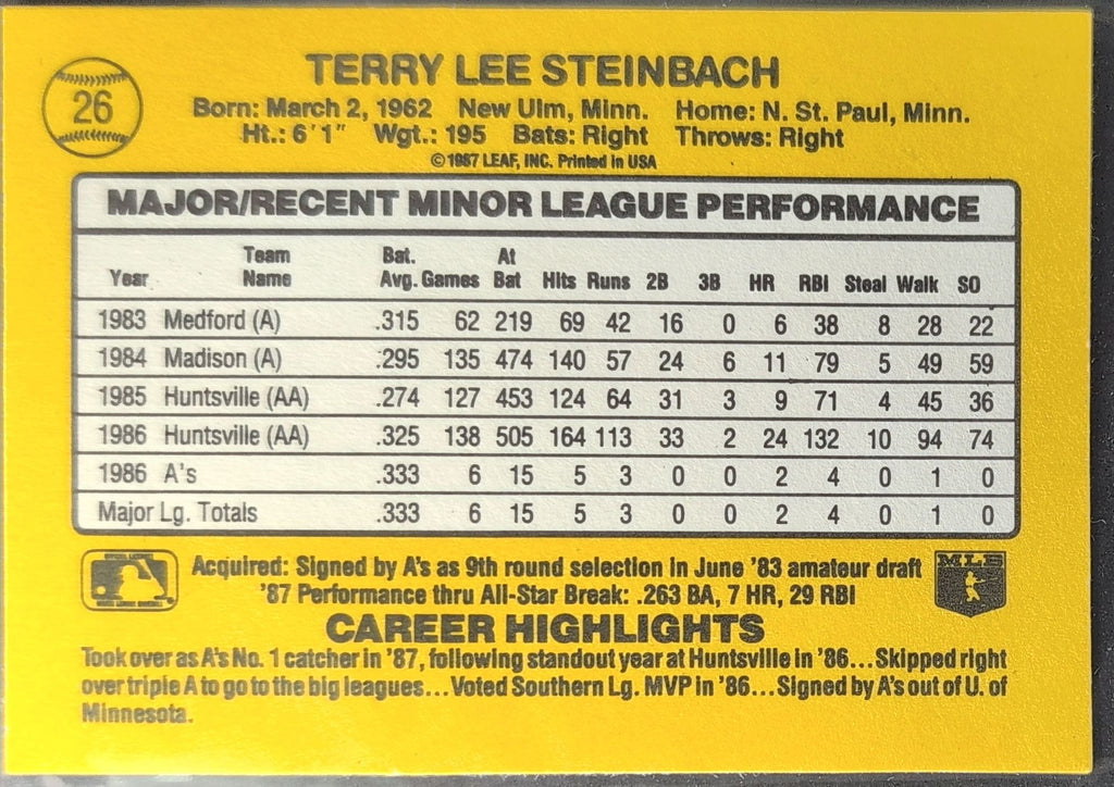 1987 Donruss The Rookies Terry Steinbach #26 Oakland Athletics back