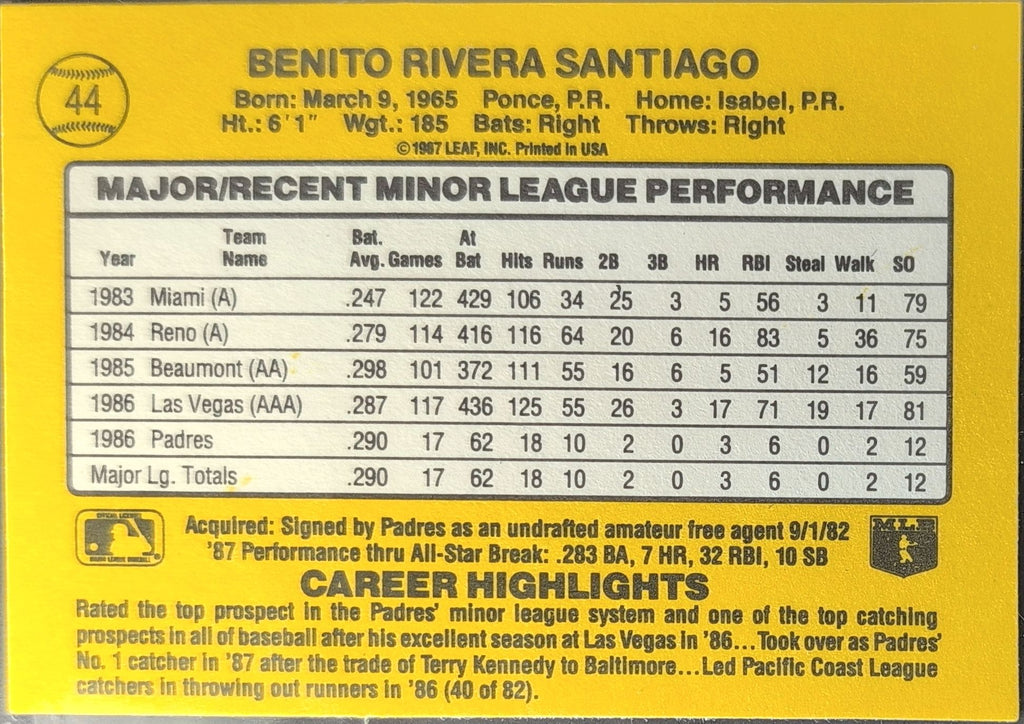 1987 Donruss The Rookies Benito Santiago #44 San Diego Padres back