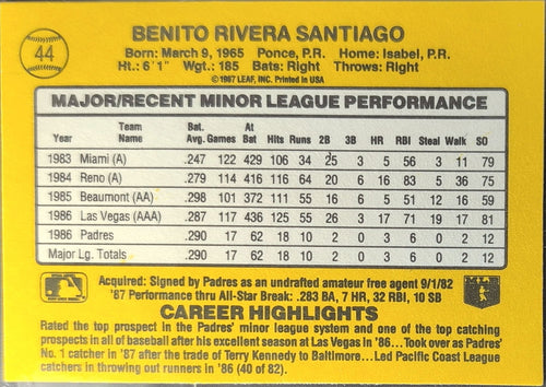 1987 Donruss The Rookies Benito Santiago #44 San Diego Padres back