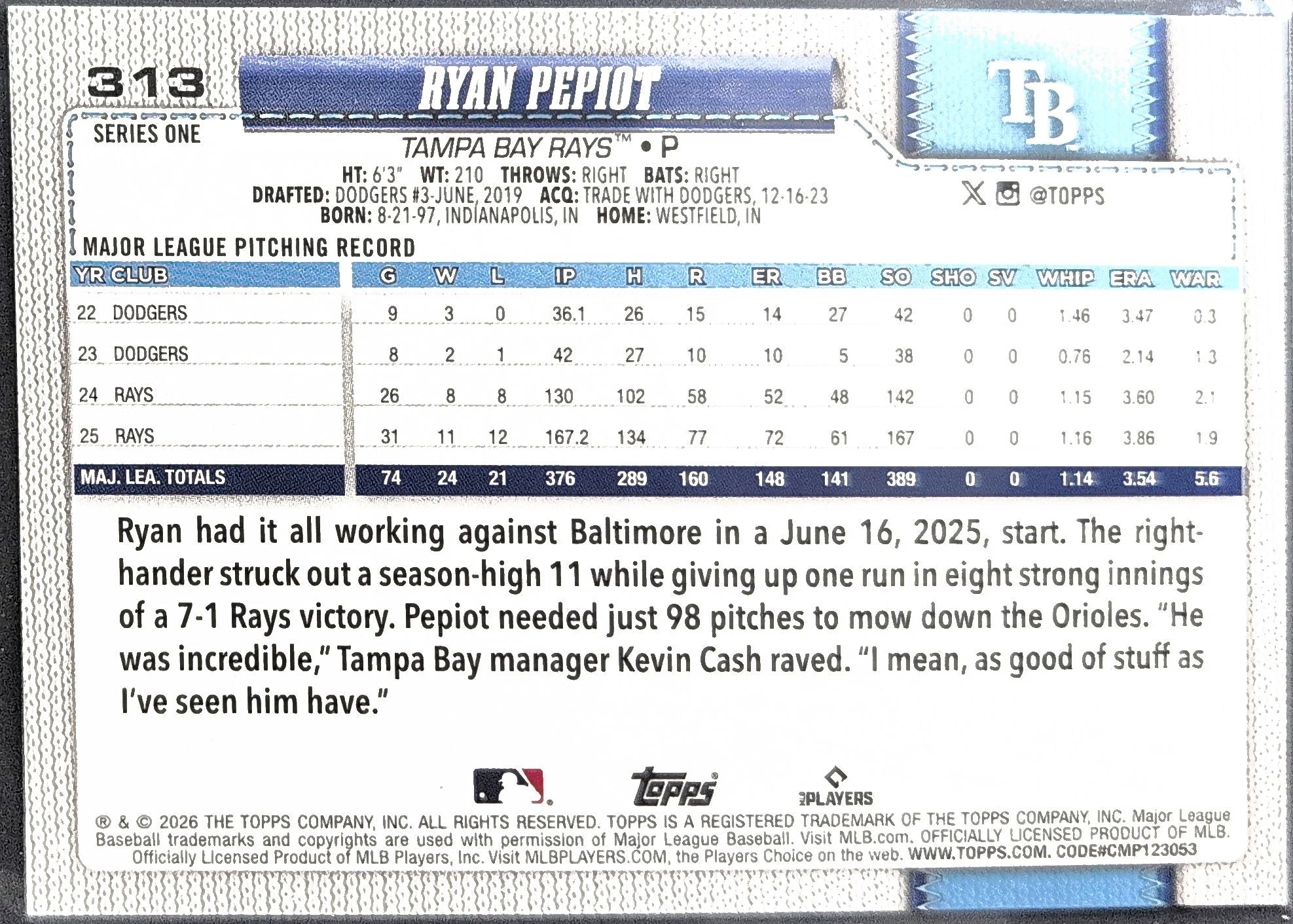 2026 Topps Ryan Pepiot #313 Aqua Rainbow Foil Tampa Bay Rays back