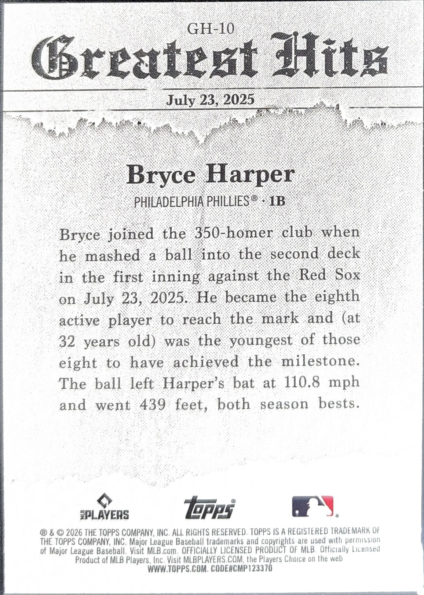 Bryce Harper 2026 Topps #GH-10 2025 Greatest Hits Philadelphia Phillies - back image
