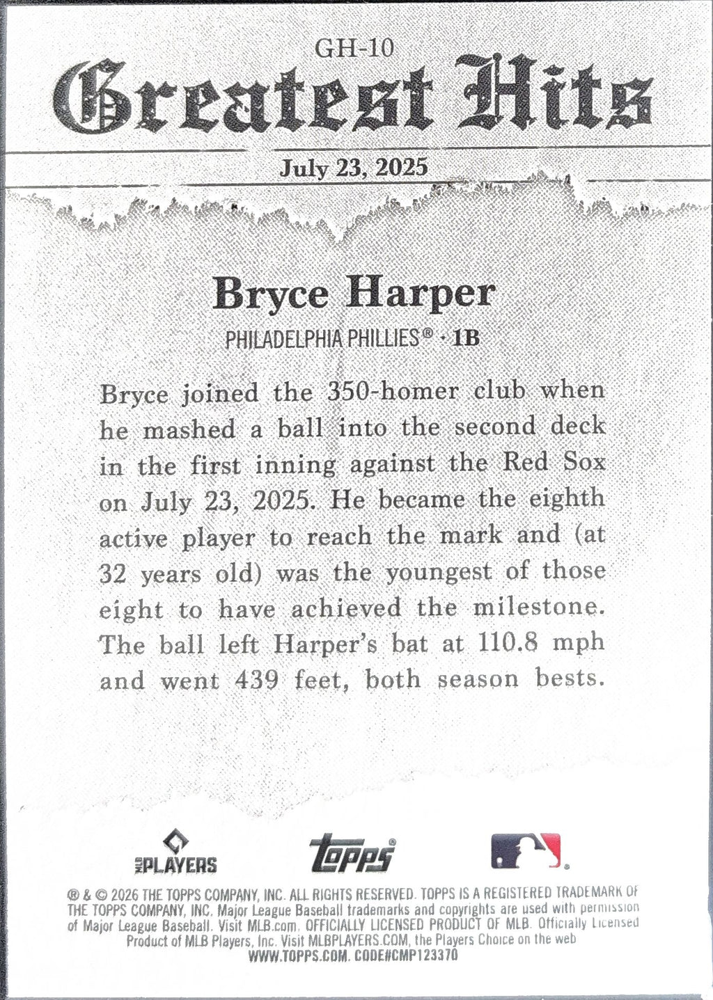 2026 Topps Bryce Harper #GH-10 2025 Greatest Hits Philadelphia Phillies back