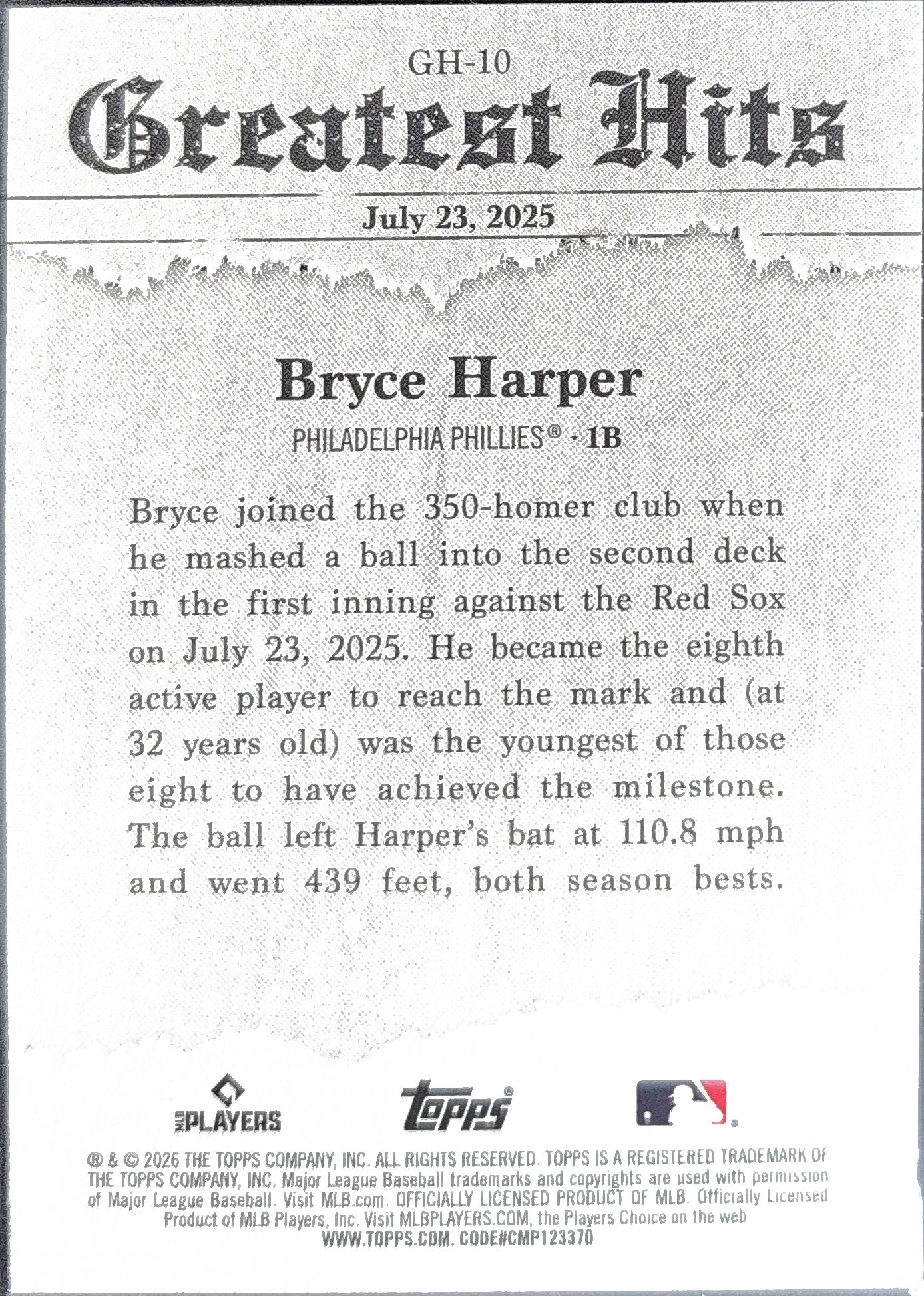 2026 Topps Bryce Harper #GH-10 2025 Greatest Hits Philadelphia Phillies back