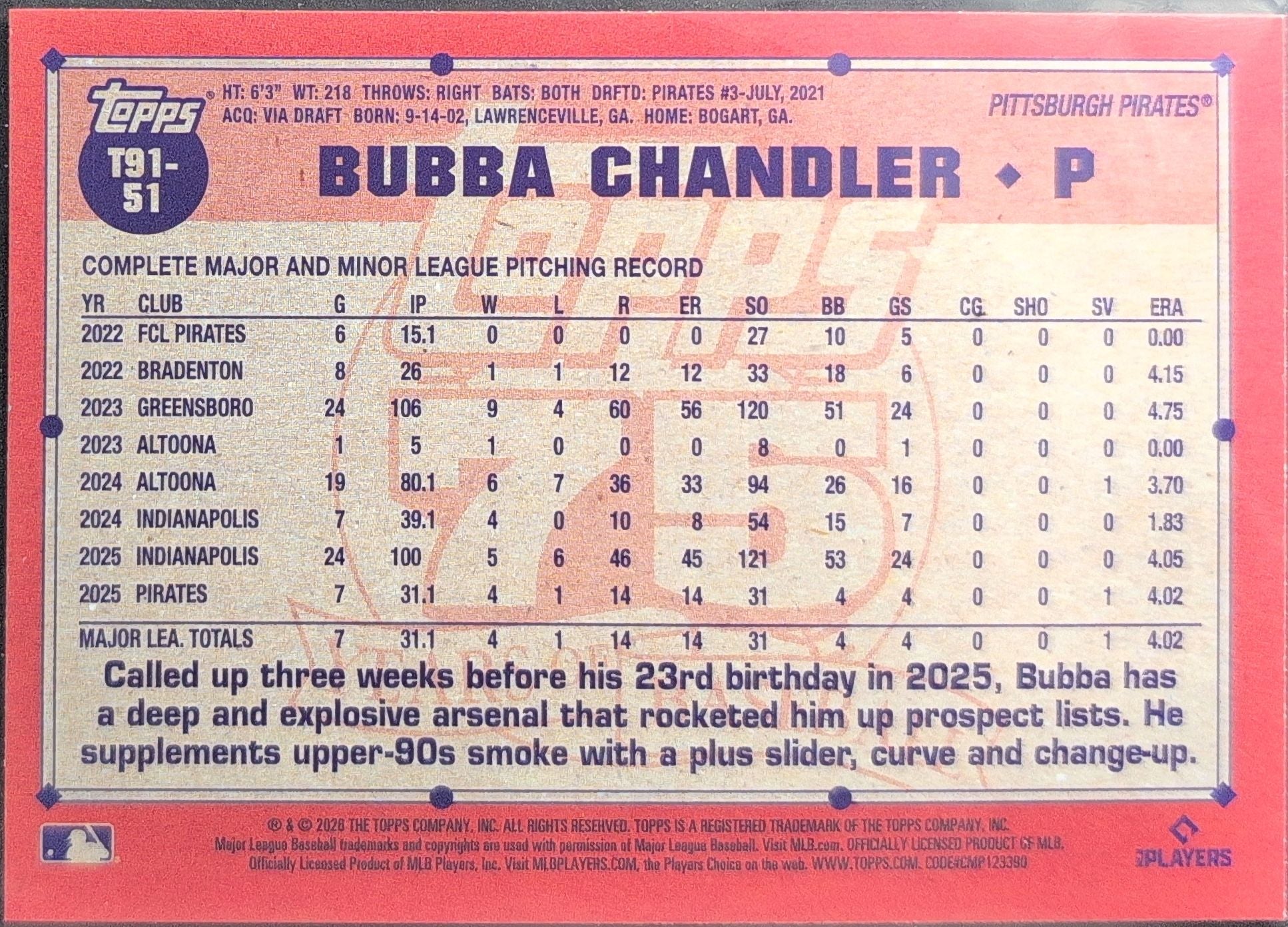2026 Topps Bubba Chandler #T91-51 1991 Topps Baseball 35th Anniversary (Series One) Pittsburgh Pirates back