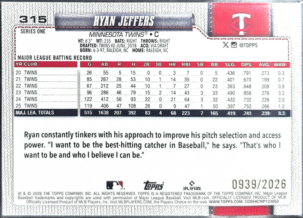Ryan Jeffers 2026 Topps #315 Gold Minnesota Twins - back image