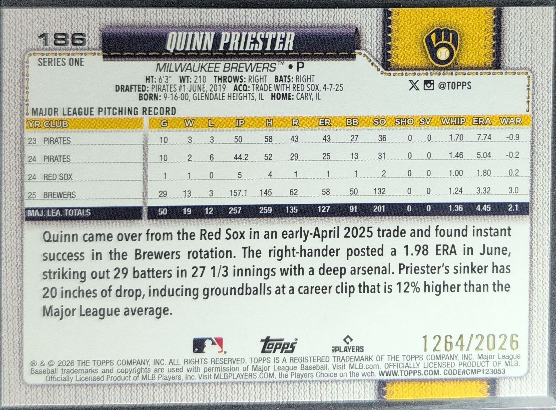 Quinn Priester 2026 Topps #186 Gold Milwaukee Brewers - back image