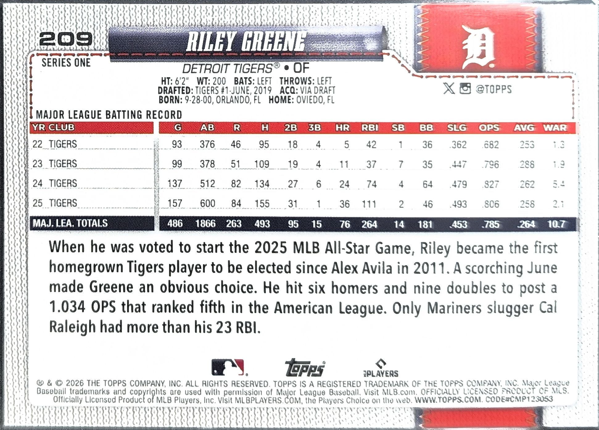 2026 Topps Riley Greene #209 Rainbow Foil Detroit Tigers back