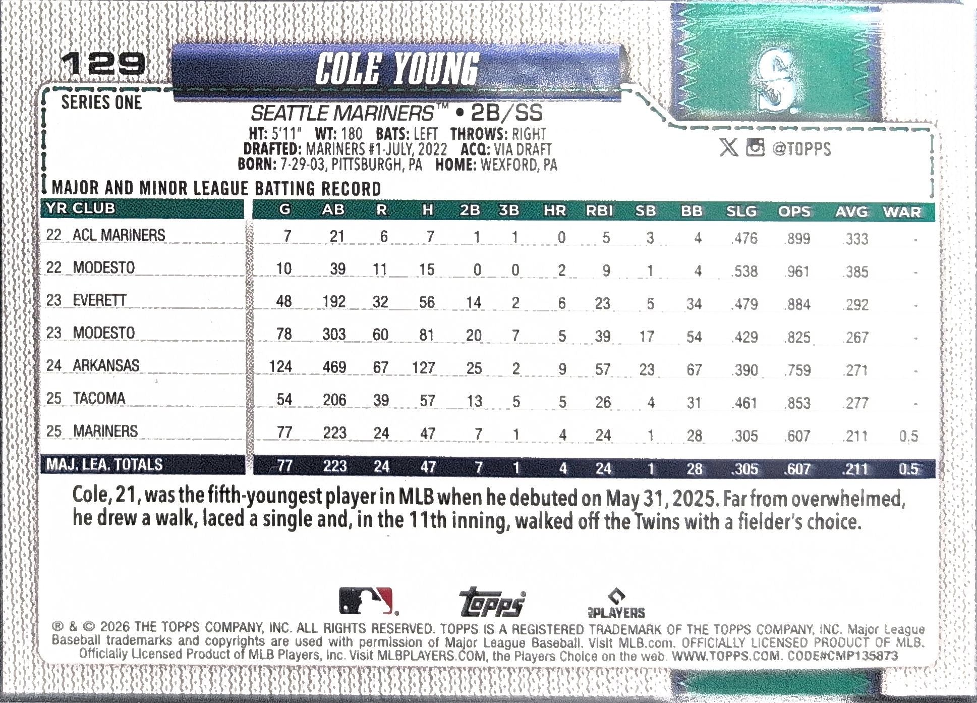 2026 Topps Cole Young #129 Holiday Seattle Mariners back