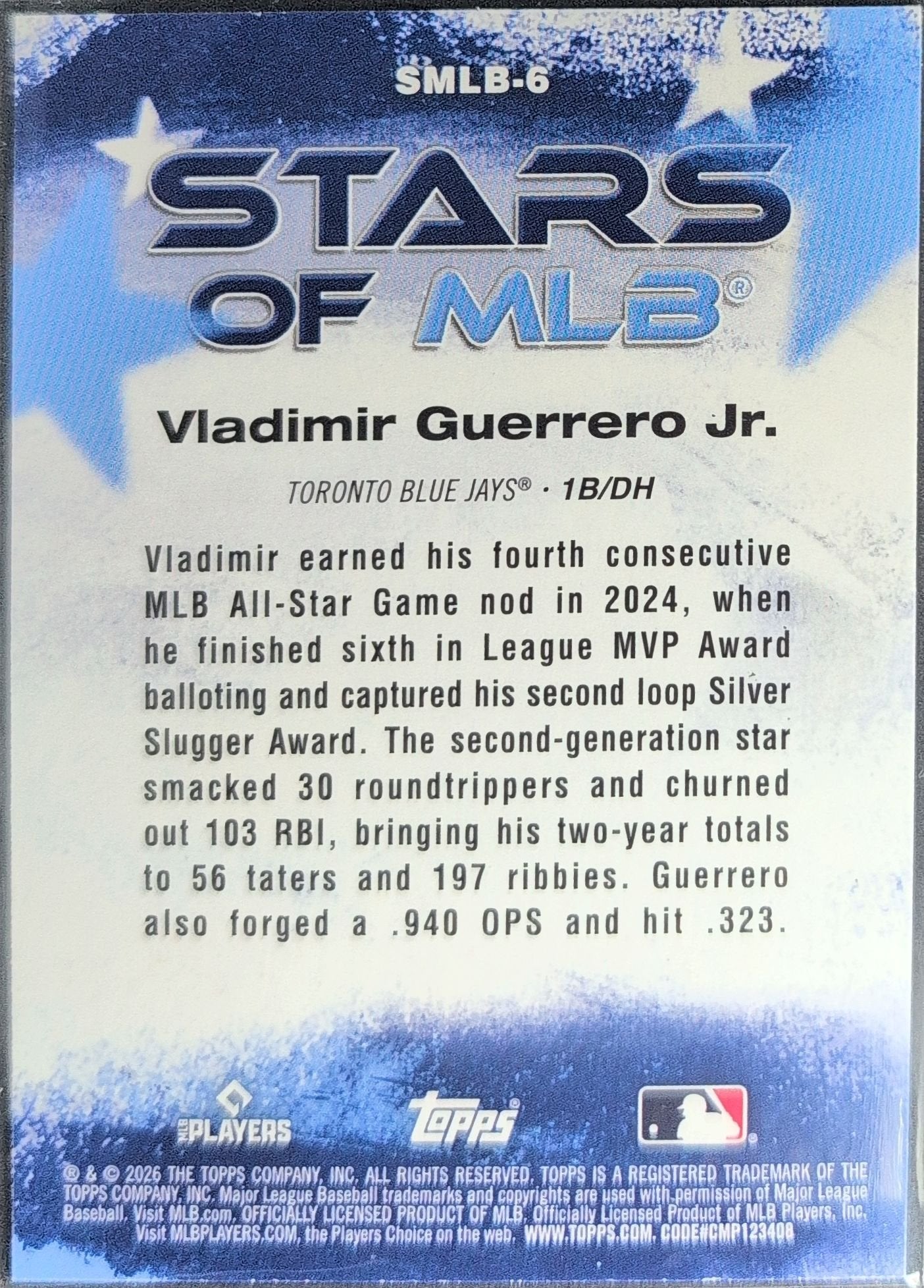 Vladimir Guerrero Jr. 2026 Topps #SMLB-6 Stars of MLB Toronto Blue Jays - back image