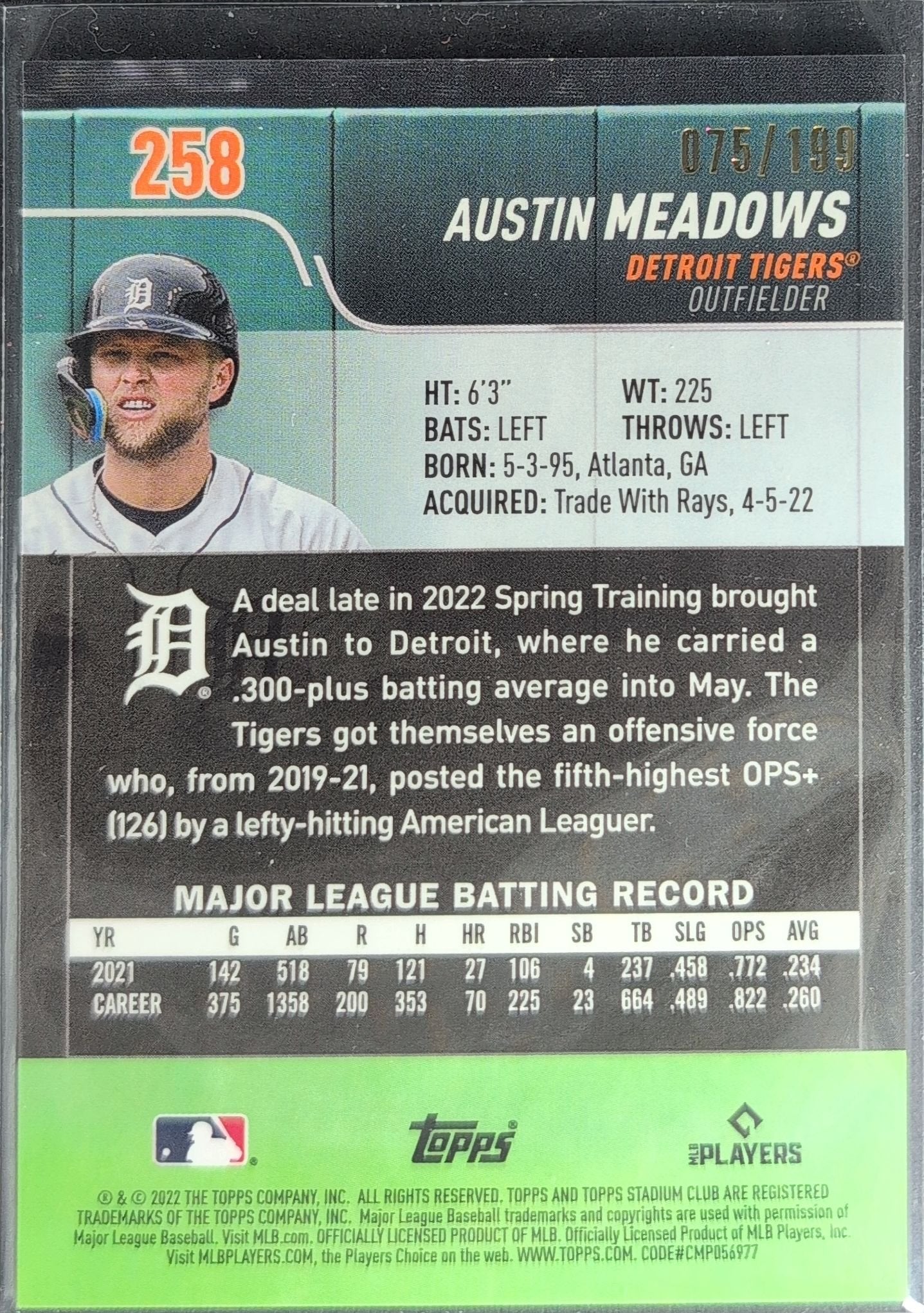 Austin Meadows 2022 Stadium Club Chrome #258 Gold Refractor Detroit Tigers - back image