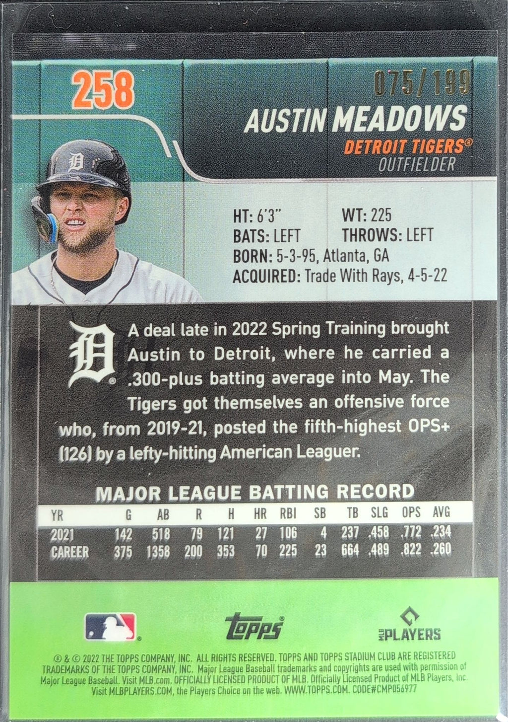 2022 Stadium Club Chrome Austin Meadows #258 Blue Refractor SN Detroit Tigers back