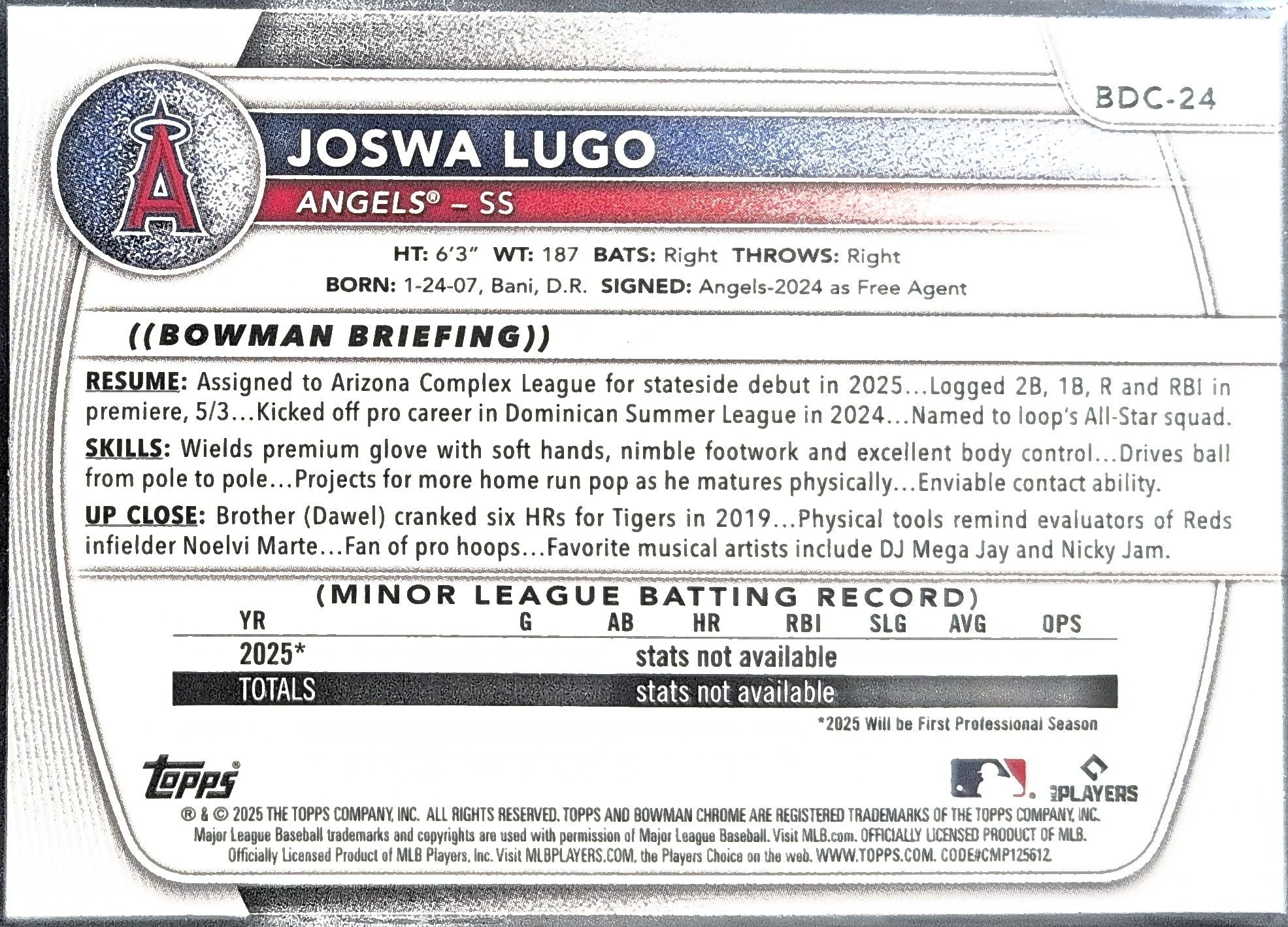 Joswa Lugo 2025 Bowman Draft Sapphire Edition #BDC-24 Los Angeles Angels