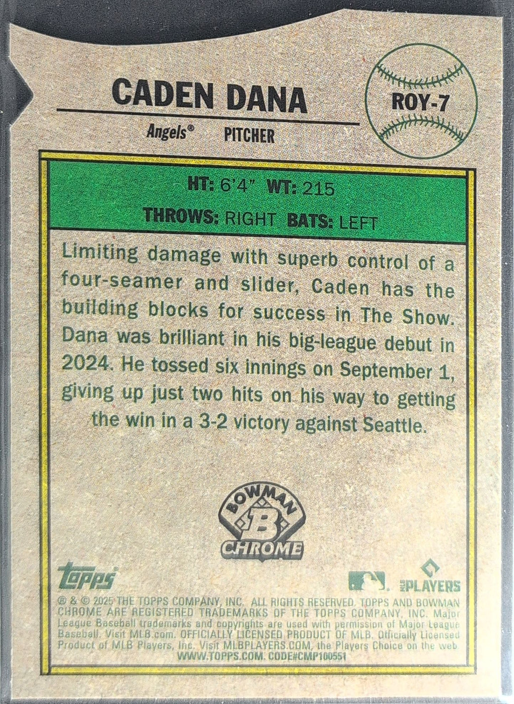 2025 Bowman Caden Dana #ROY-7 Rookie of the Year Favorites Los Angeles Angels back
