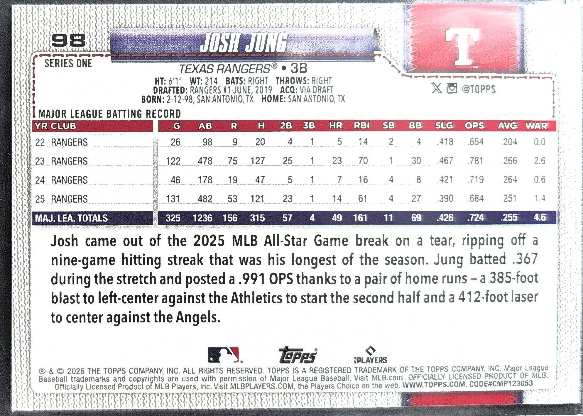2026 Topps Josh Jung #98 Rainbow Foil Texas Rangers back