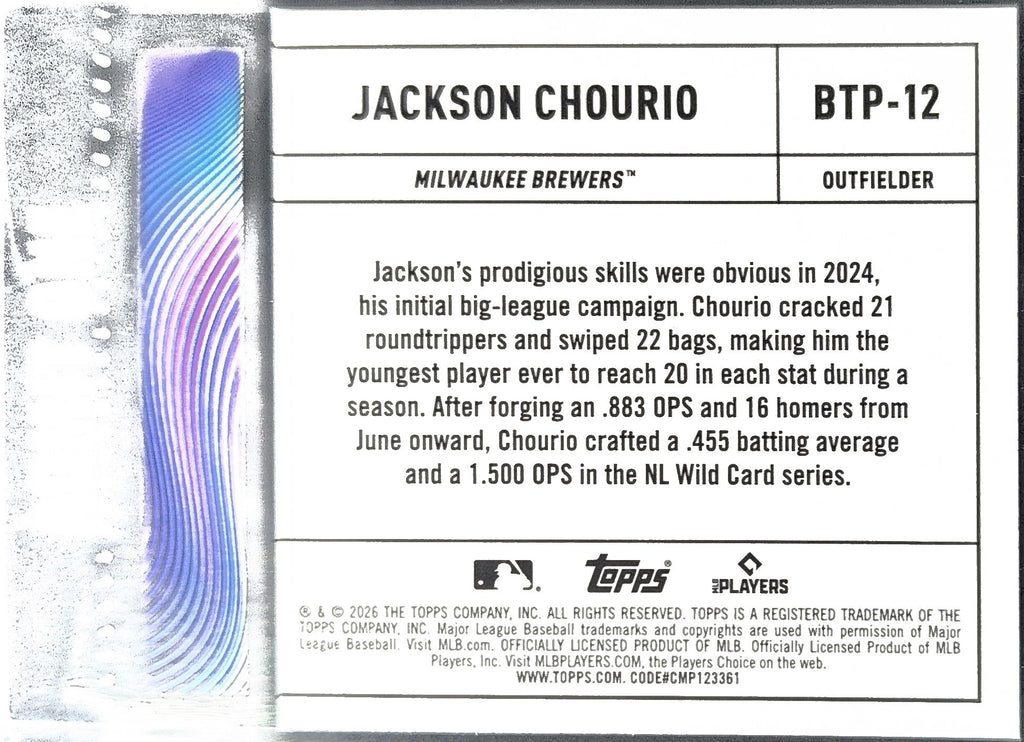 2026 Topps Jackson Chourio #BTP-12 Big Ticket Players Milwaukee Brewers back