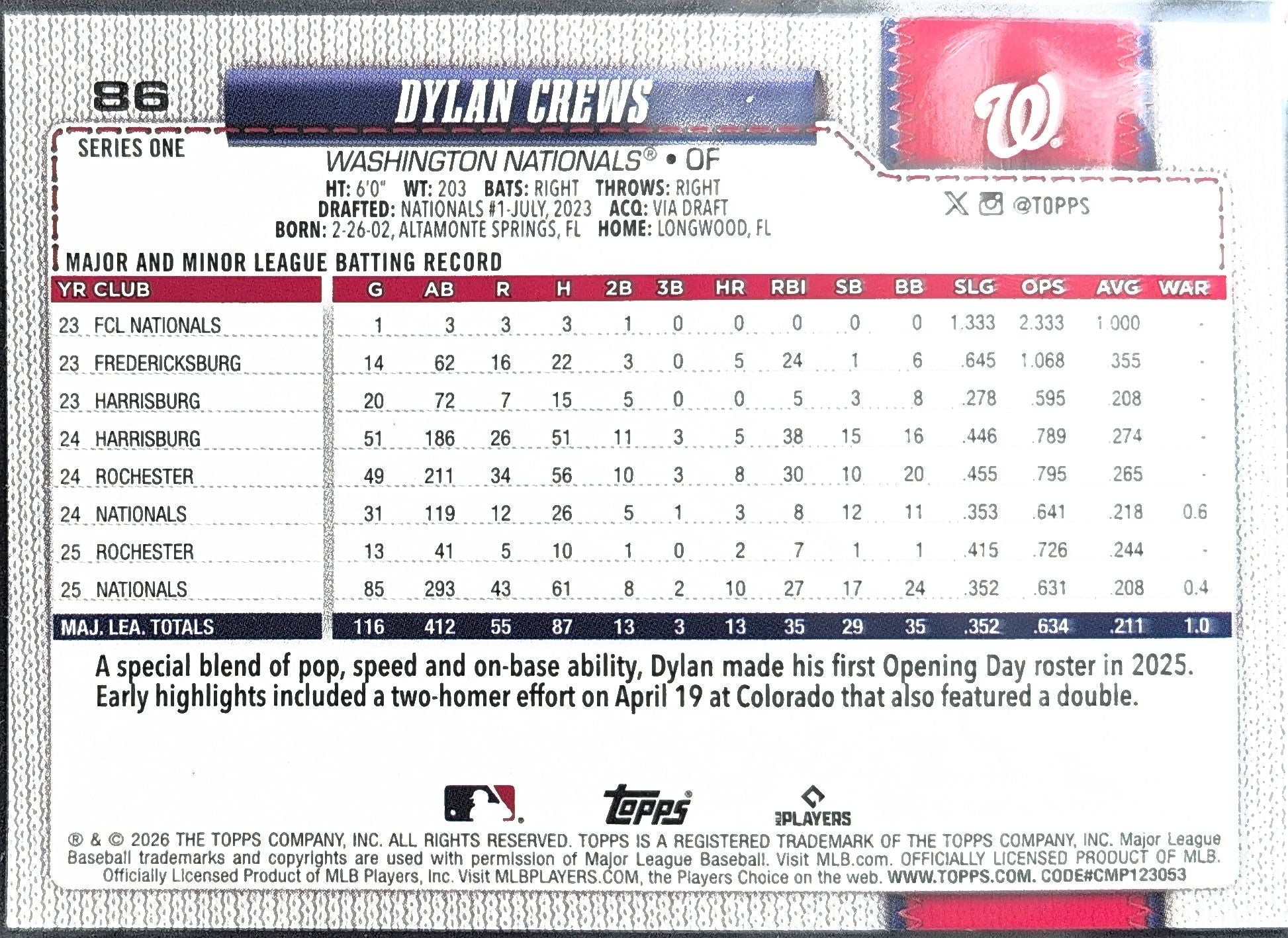 2026 Topps Dylan Crews #86 Sandglitter Washington Nationals back