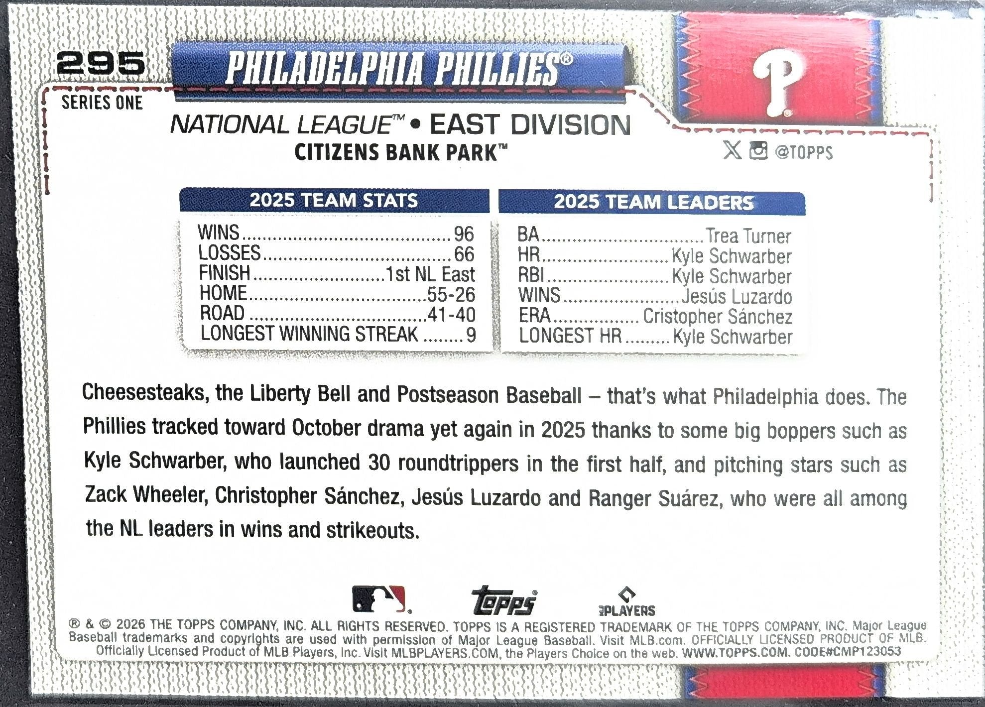 Philadelphia Phillies 2026 Topps #295 Sandglitter - back image