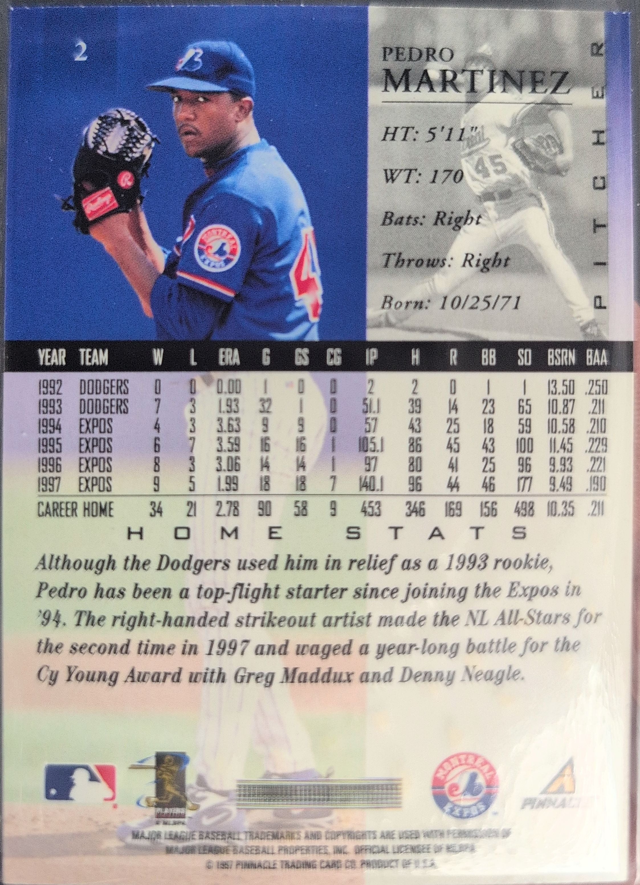 1998 Pinnacle Pedro Martinez #2 Montreal Expos back