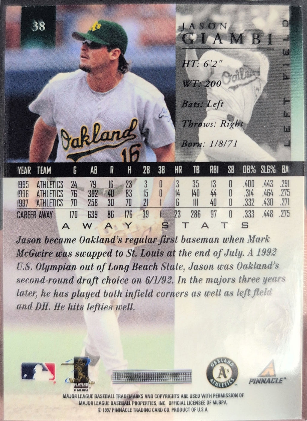 1998 Pinnacle Jason Giambi #38 Home Stats Oakland Athletics back