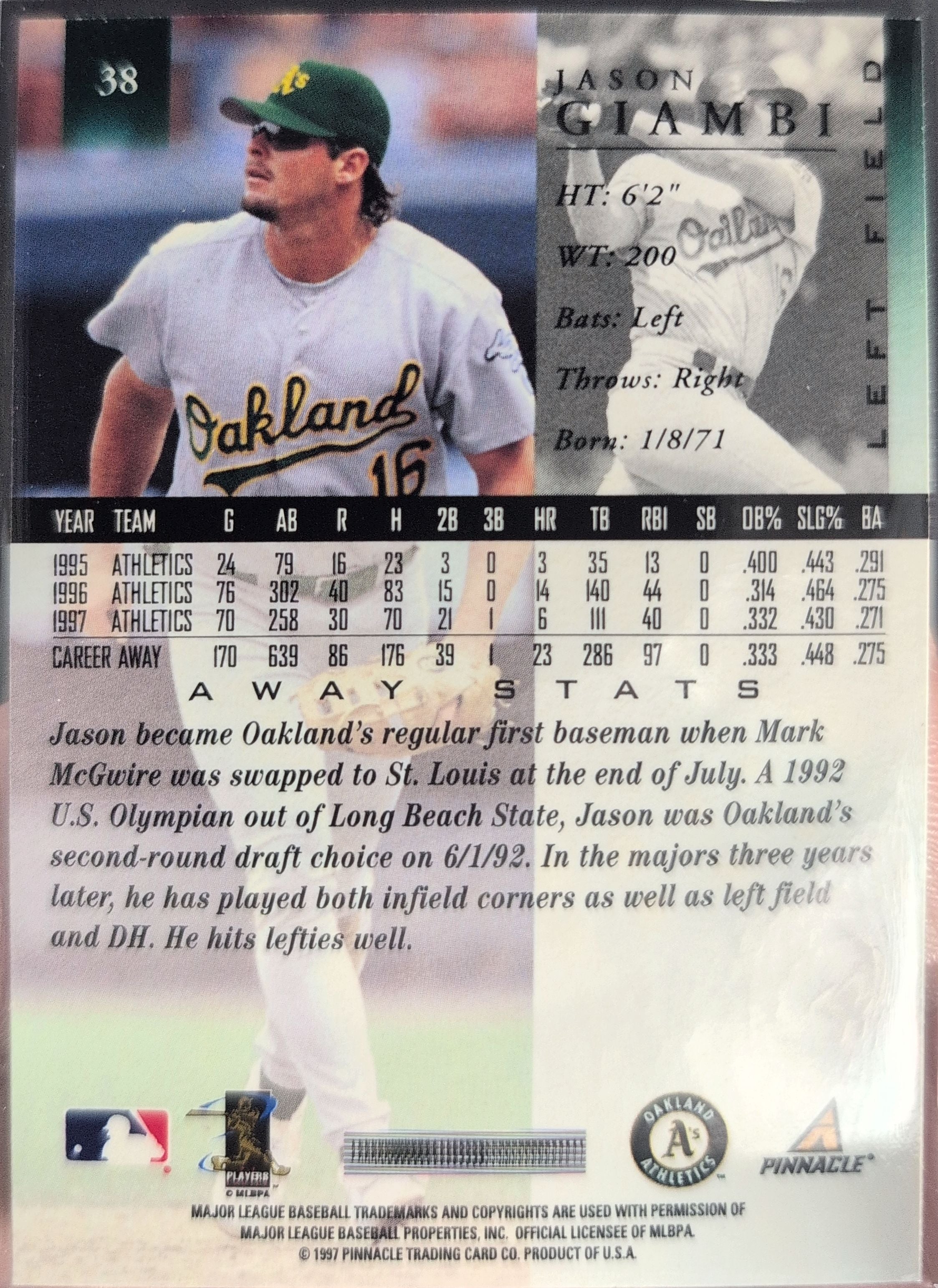 1998 Pinnacle Jason Giambi #38 Home Stats Oakland Athletics back