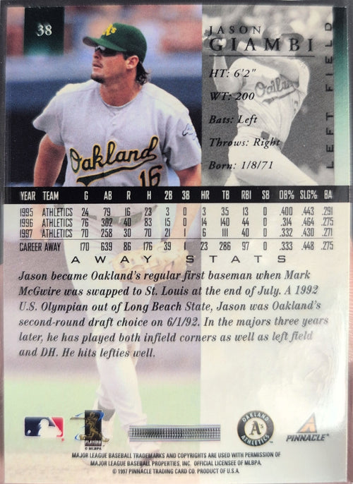 1998 Pinnacle Jason Giambi #38 Home Stats Oakland Athletics back