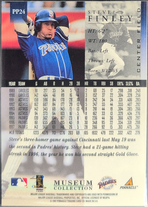 1998 Pinnacle Steve Finley #PP24 Museum Collection San Diego Padres back