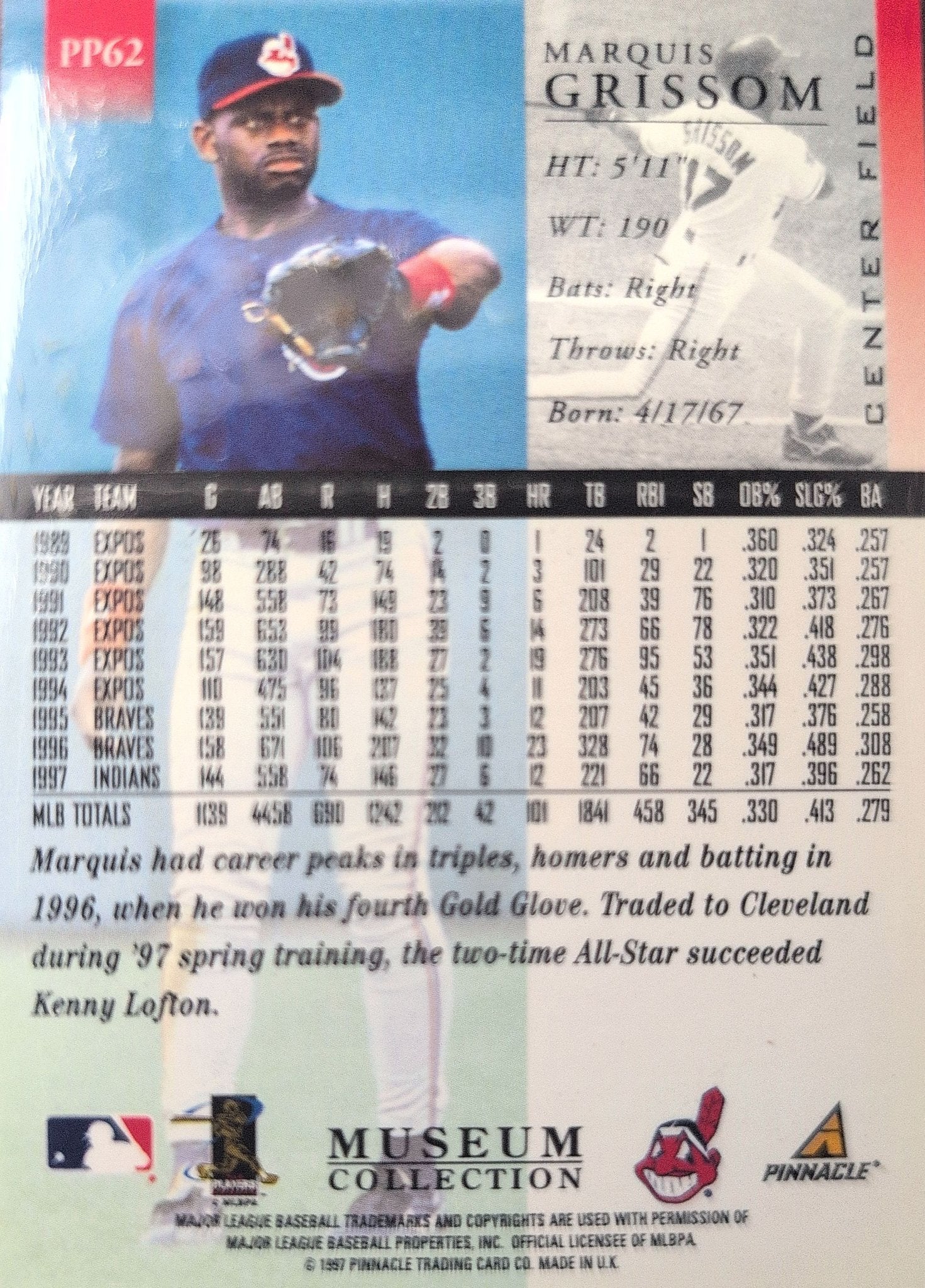 Marquis Grissom 1998 Pinnacle #PP62 Museum Collection Cleveland Indians - back image