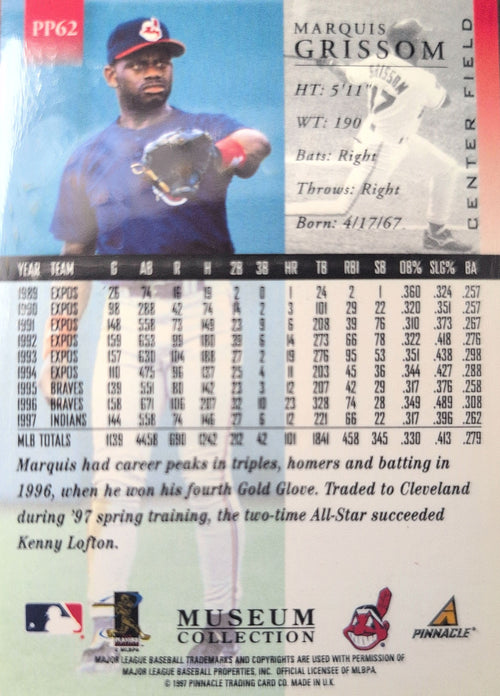 1998 Pinnacle Marquis Grissom #PP62 Museum Collection Cleveland Indians back