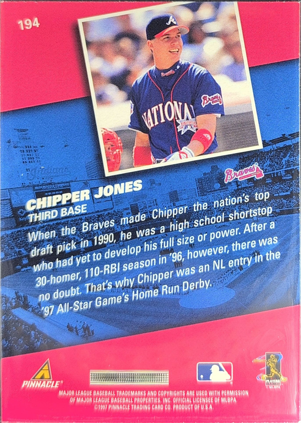 1998 Pinnacle Chipper Jones #194 Atlanta Braves back