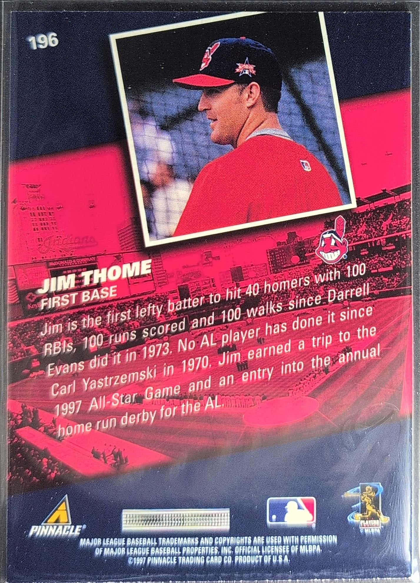 Jim Thome 1998 Pinnacle #196 Cleveland Indians - back image