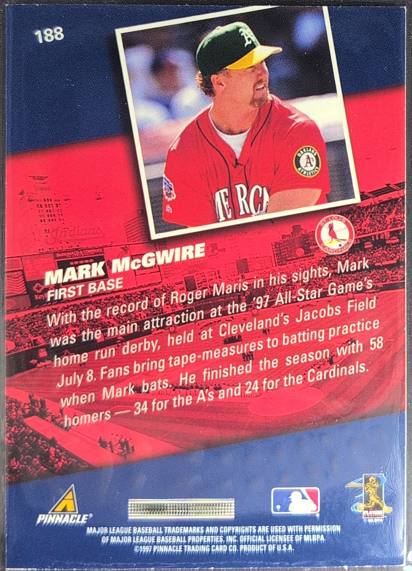 Mark McGwire 1998 Pinnacle #188 St. Louis Cardinals - back image