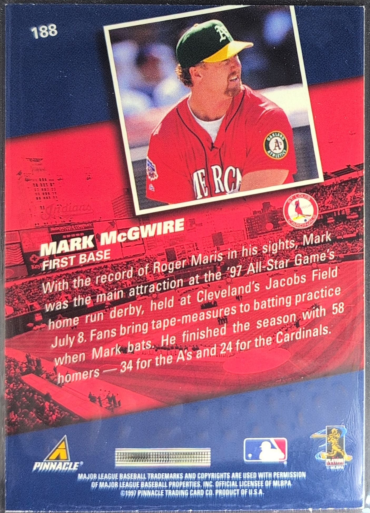 Mark McGwire 1998 Pinnacle #188 St. Louis Cardinals